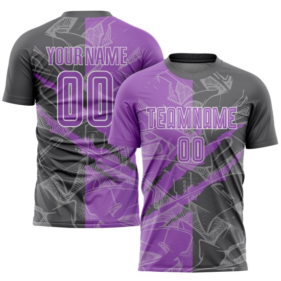 Benutzerdefinierte Graffiti Muster Medium Lila-Stahl Grau Scratch Sublimation Fußball Uniform Jersey Benutzerdefinierte Graffiti Muster Medium Lila-Stahl Grau Scratch Sublimation Fußball Uniform Jersey