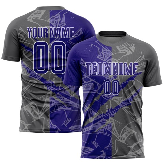 Benutzerdefinierte Graffiti Muster Dunkel Lila-Stahl Grau Scratch Sublimation Fußball Uniform Jersey Benutzerdefinierte Graffiti Muster Dunkel Lila-Stahl Grau Scratch Sublimation Fußball Uniform Jersey