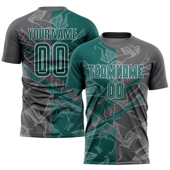 Benutzerdefinierte Graffiti Muster Mitternacht Grün-Stahl Grau Scratch Sublimation Fußball Uniform Jersey Benutzerdefinierte Graffiti Muster Mitternacht Grün-Stahl Grau Scratch Sublimation Fußball Uniform Jersey