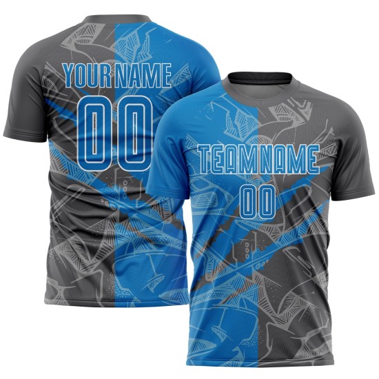Benutzerdefinierte Graffiti Muster Blau-Stahl Grau Scratch Sublimation Fußball Uniform Jersey Benutzerdefinierte Graffiti Muster Blau-Stahl Grau Scratch Sublimation Fußball Uniform Jersey