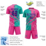 Benutzerdefinierte Graffiti Muster Lila Teal-Pink Scratch Sublimation Fußball Uniform Jersey Benutzerdefinierte Graffiti Muster Lila Teal-Pink Scratch Sublimation Fußball Uniform Jersey