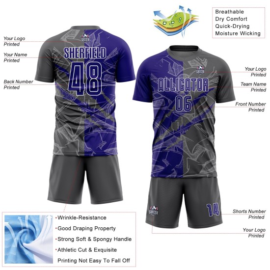 Benutzerdefinierte Graffiti Muster Dunkel Lila-Stahl Grau Scratch Sublimation Fußball Uniform Jersey Benutzerdefinierte Graffiti Muster Dunkel Lila-Stahl Grau Scratch Sublimation Fußball Uniform Jersey