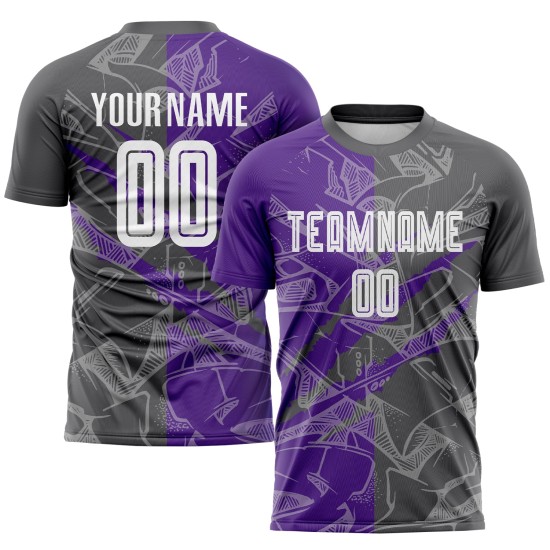 Benutzerdefinierte Graffiti Muster Stahl Grau-Lila Scratch Sublimation Fußball Uniform Jersey Benutzerdefinierte Graffiti Muster Stahl Grau-Lila Scratch Sublimation Fußball Uniform Jersey